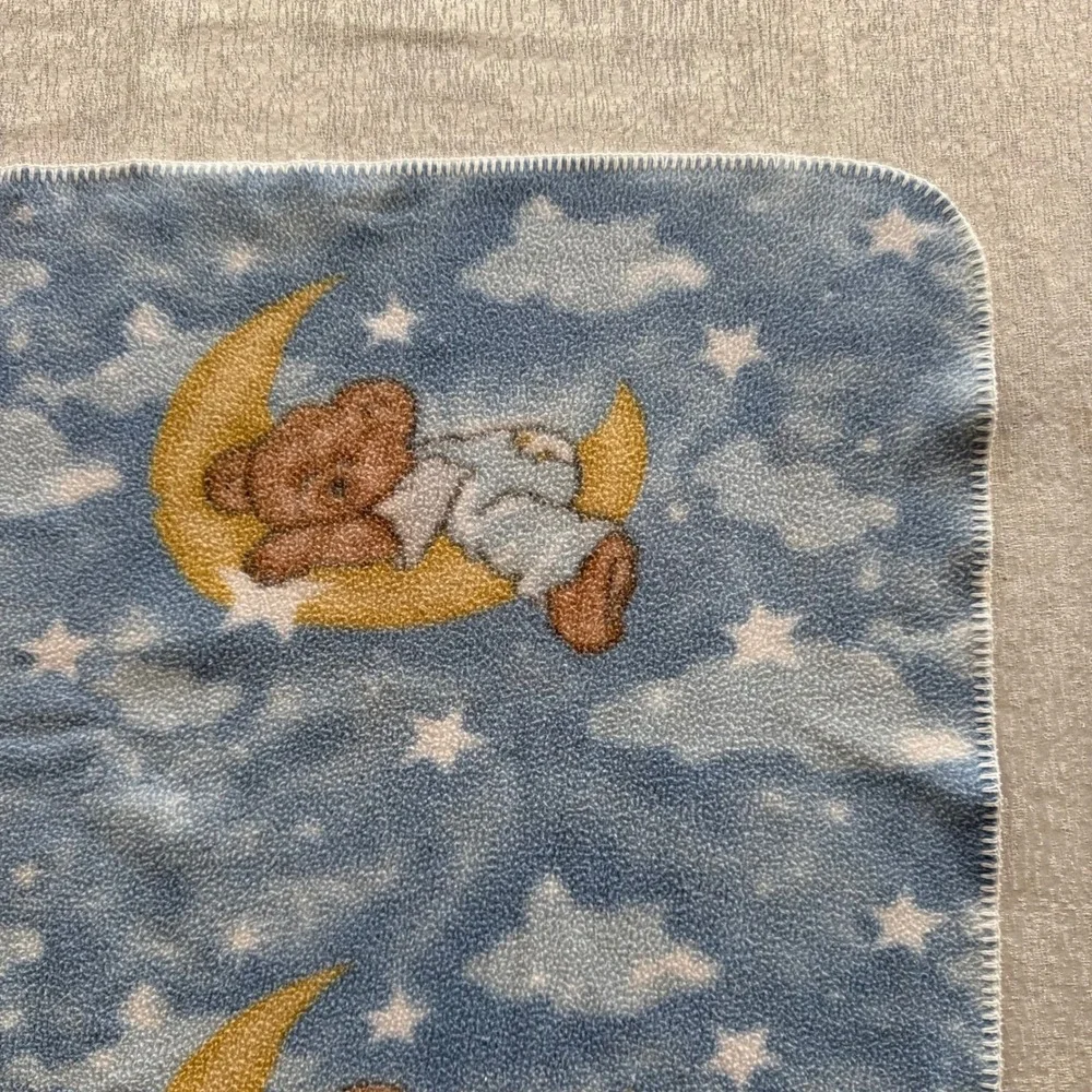 Vintage Dolly Boyd's Collection Teddy Bear Baby Blanket Moon Stars Blue 28x36